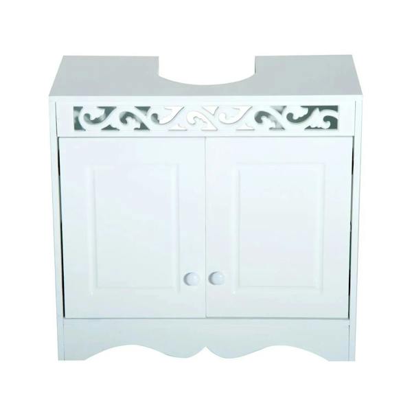 White 2-door bathroom vanity cabinet with decorative frieze above the doors