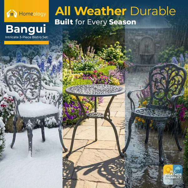 Homeology BANGUI Grey Luxurious Garden and Patio Table and 2 Large Chairs with Armrests Cast Aluminium Bistro Set