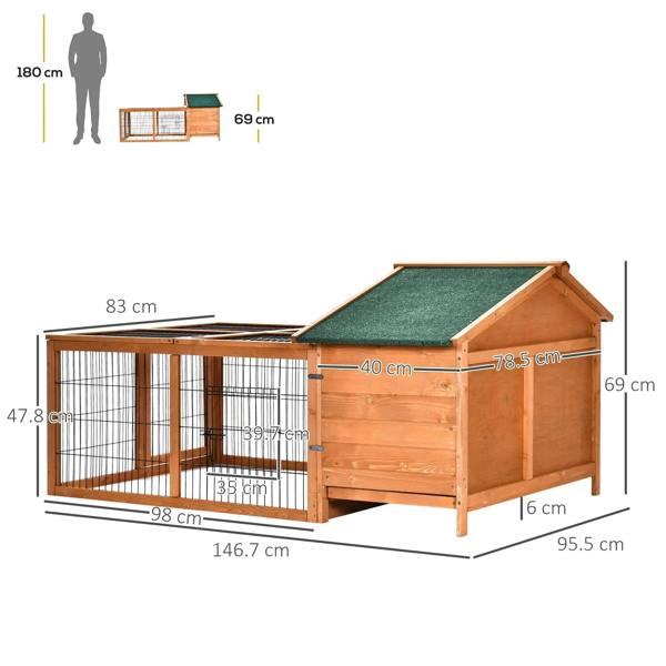 Wooden pet hutch with wire run and roof, side view showing main house dimensions