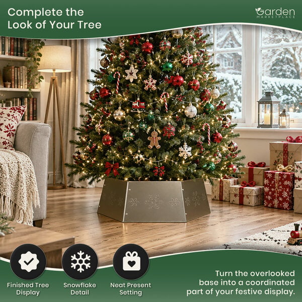 Hexagon Zinc Metal Christmas Tree Collar Stand Cover with Snowflake Pattern, Easy Screw-Together Design, Fits 1.5–2.6m Trees, 68cm x 25cm