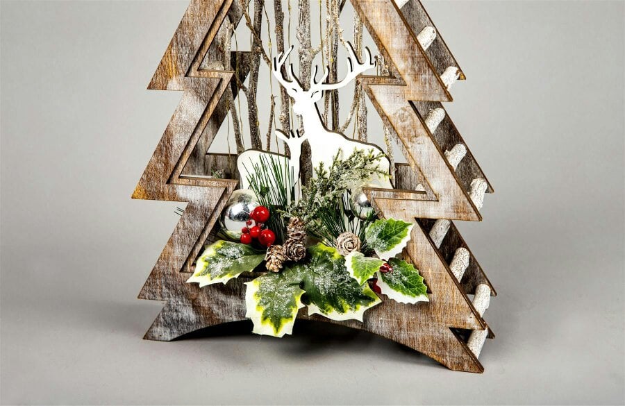 Shatchi 38cm and 48cm Wooden LED Reindeer Scene Christmas Tree Tabletop Decorations with Warm White Micro Rice Lights - 38CM - Wood - Warm white