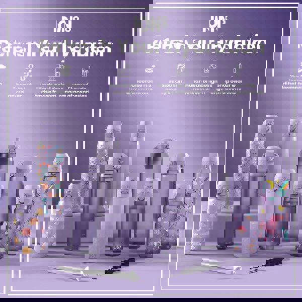 Several purple water bottles, various sizes and designs, are displayed on a purple surface. They showcase different materials and patterns. Accompanying text promotes ION8 hydration products and accessories.