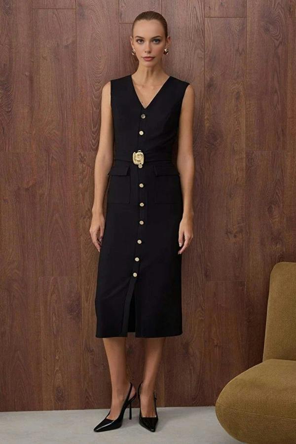 WOVCOR Midi Woven Dress with Belted Accessory Detail