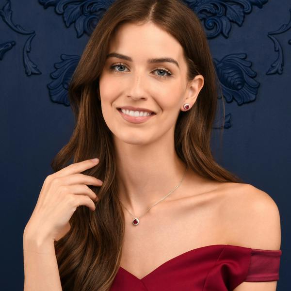 namana 925 Sterling Silver Red Cubic Zirconia Cushion Halo Pendant Necklace