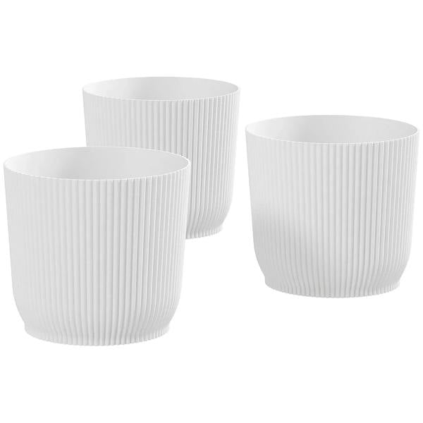 Set of three white ribbed planters, cylindrical design, 22 cm