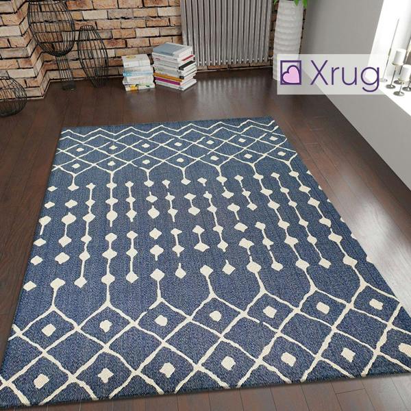 Cotton Rug Navy Blue Diamond Pattern Washable Flat Weave Mat Woven Carpet Small Extra Large