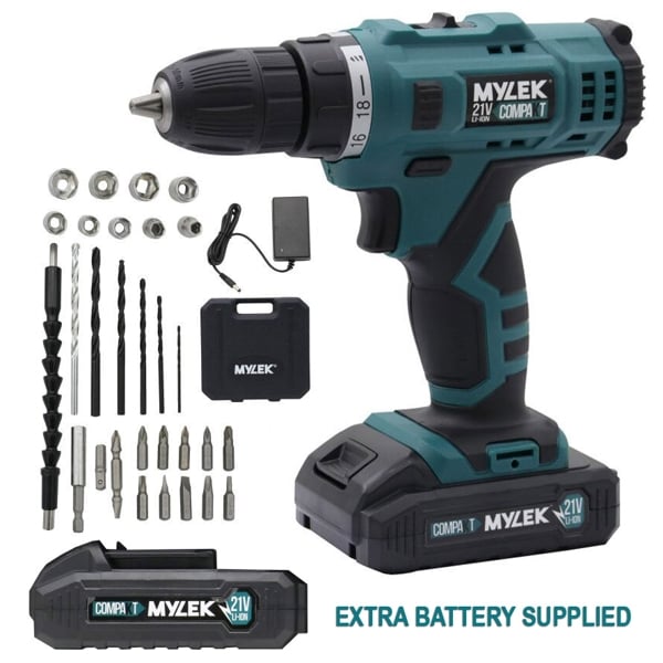 MYLEK 21V Cordless Drill With Two Li-ion Batteries And 29 Piece Accessory Set