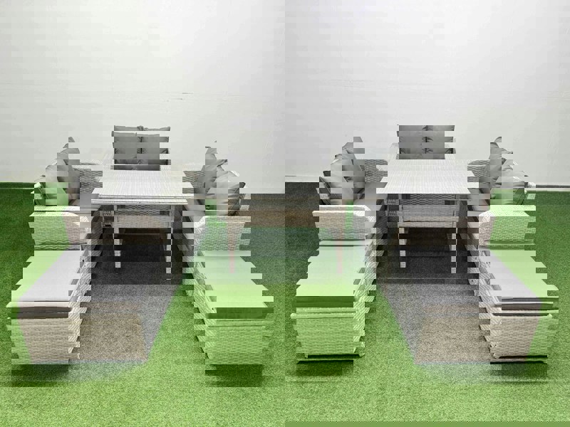 Fimous  8 Seater PE Wicker Rattan Furniture Sofa Sets with Rectangular Dining Table 2 Seater Love Sofa 2 Big Footstool Light Grey