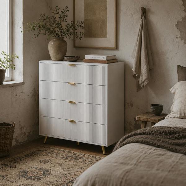 Wyld Haus Refa Wooden White Elegant 4 Drawer Bedside Storage Table