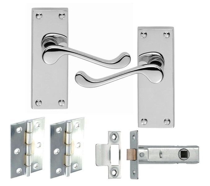 EDH Door Hardware 1 Set Of Victorian Scroll Latch Door Handles Polished Chrome Hinges & Latches Pack Sets