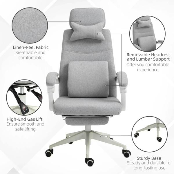 Light grey fabric office chair with headrest and lumbar pillows, curved armrests, sturdy base