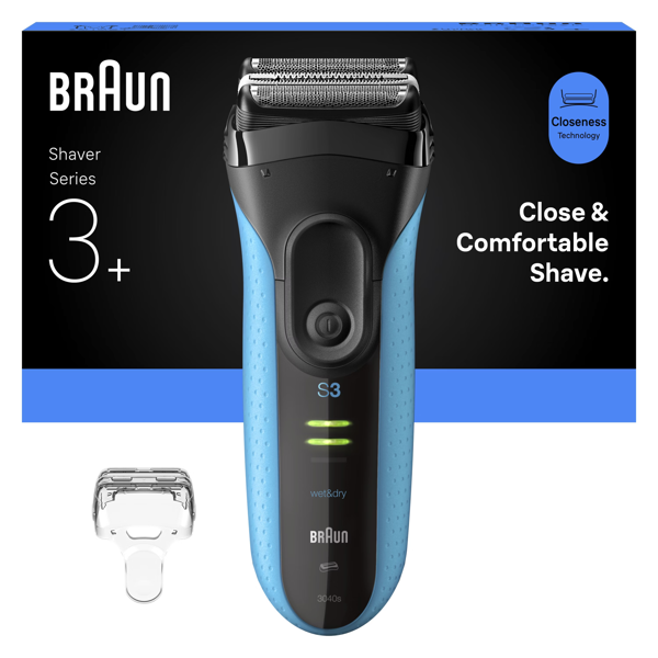 Braun Series 3+ 3040S Electric Shaver, Precision Trimmer, Wet & Dry - Blue