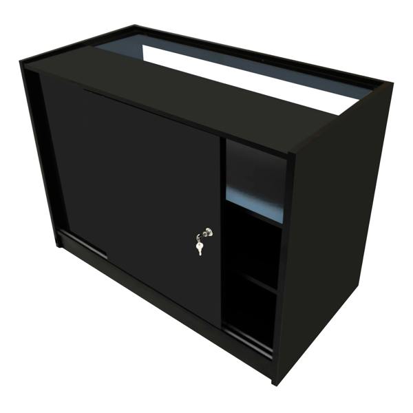 Theseus LED shop counter set in sleek black, featuring a sliding door, open shelf, and illuminated top for stylish display