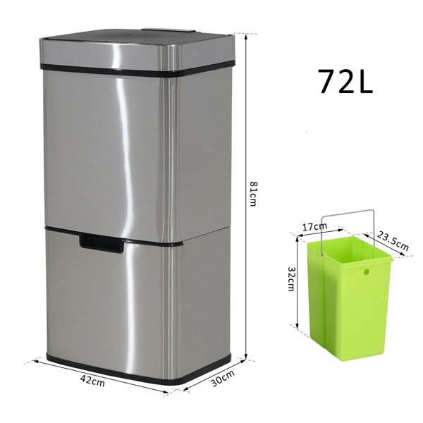 Stainless steel recycling bin with removable lid and front push opening, 72L