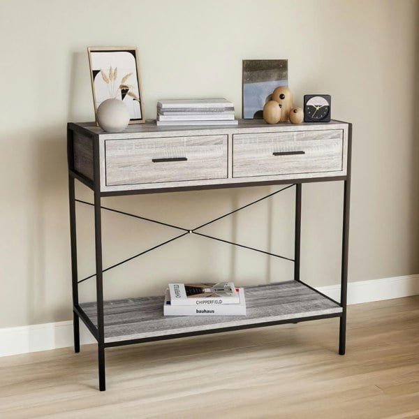 Rafaelo Mobilia 2 Drawer Industrial Console Table Grey