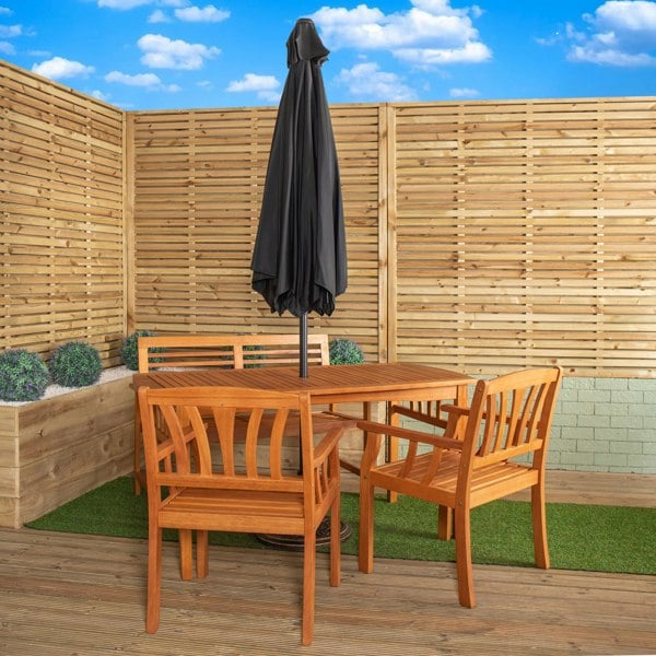 Samuel Alexander Outdoor 4 Person Rectangular Wooden Dining Table, Bench & 2 Chairs with Black Havana Parasol & Base