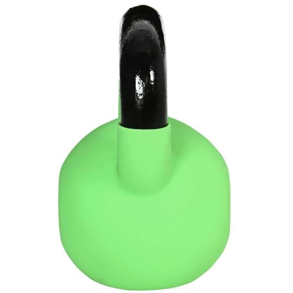Black handle on top of green 12kg soft kettlebell