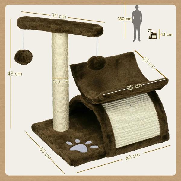 Brown cat tree with top perch on sisal post, tunneled base, and side ramp