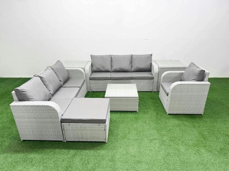 Fimous 8 Seater Patio Furniture Set, PE Rattan, Square Coffee Table, Double 3 Seater Sofa, Reclining Chair, Big Footstool & 2 Side Tables, Light Grey