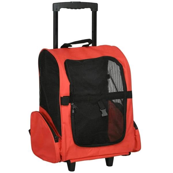 Red pet travel backpack carrier with black mesh front window and telescopic handle