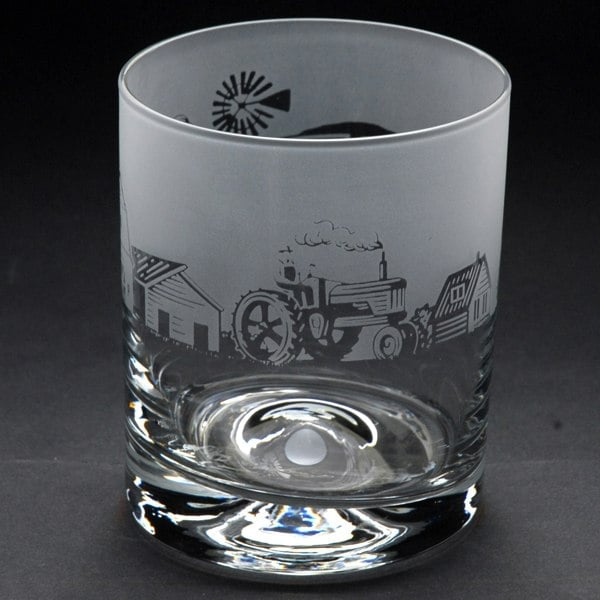 Glyptic Glass Art Farming Scene Whiskey Tumbler Glass - Hand Etched/Engraved Gift