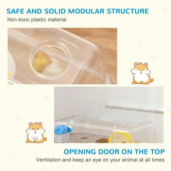 Transparent modular hamster cage with top opening door and blue water bottle