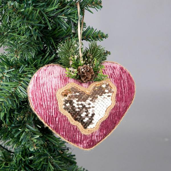 16.5cm Pink Burgundy Heart Christmas Hanging Decorations, Glitter Finish, Set of 3 image 4