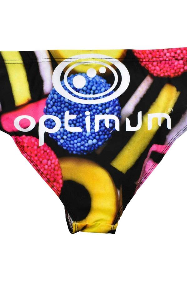 Optimum swimming trunks with liquorice allsorts sweets print and white logo, front view on white - Optimum