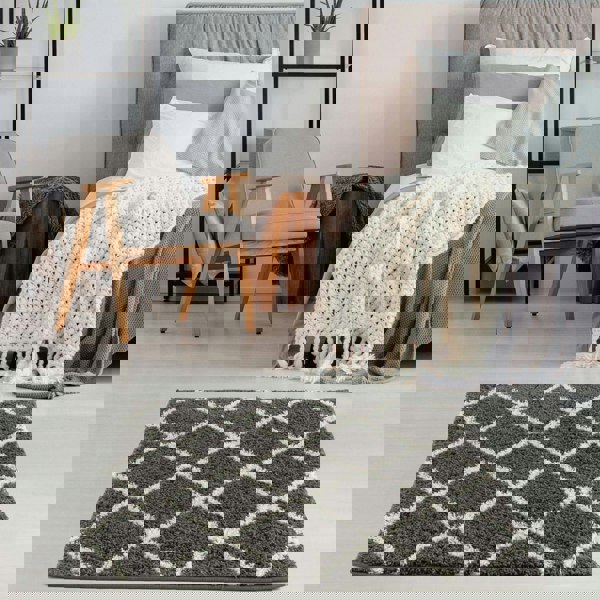 Moroccan Design Thick Shaggy Area Rugs Dark Grey