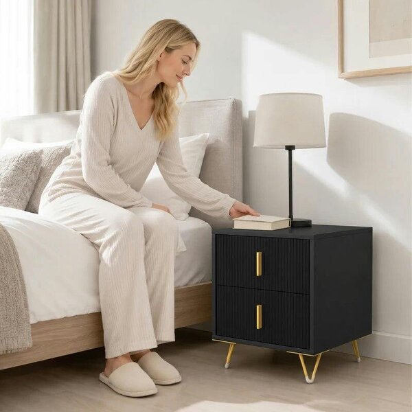 Elegant Fluted Bedside Table - Black/Gold-Tone