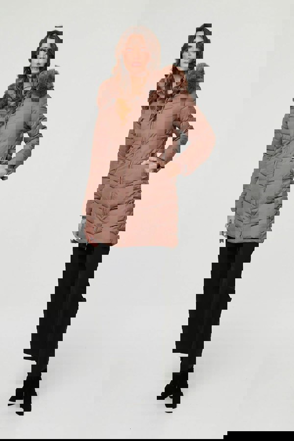 Beige | Faux Fur Hooded Longline Puffer Jacket
