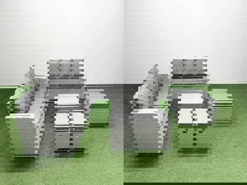 Fimous 9-Seater High Back Rattan Garden Furniture Set - Light Grey Wicker Sofa with Rectangular Coffee Table & 3 Stools