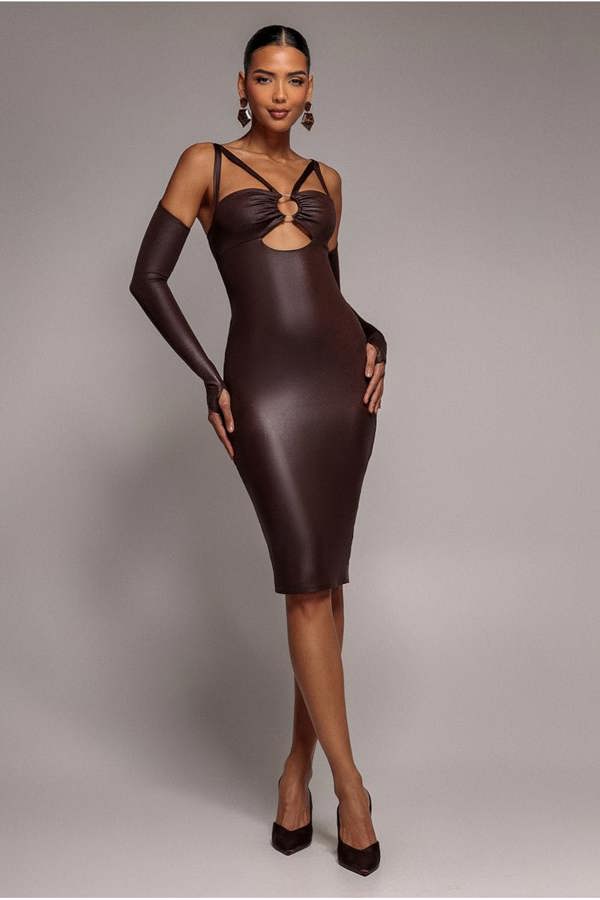 Faux Leather Cut Out Sheath Midi Dress - Brown DR3724