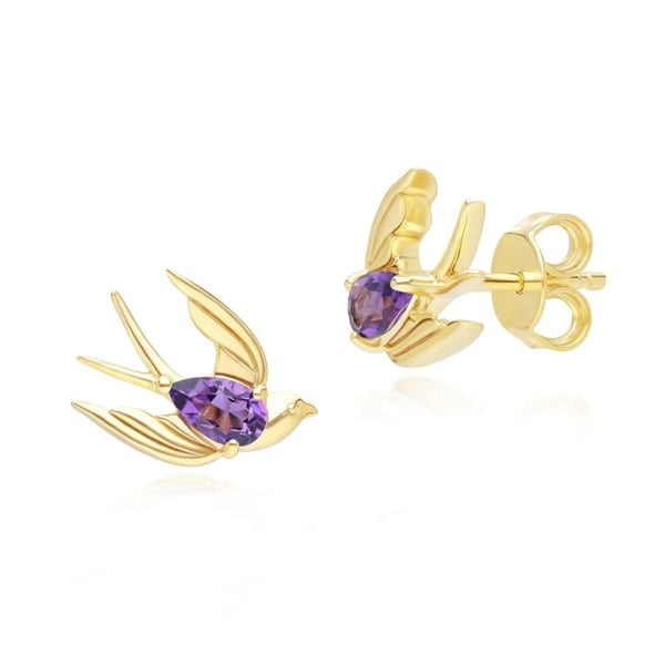 253E435203925 ECFEW™ Creator Amethyst Hummingbird Stud Earrings in Gold Plated Sterling Silver 