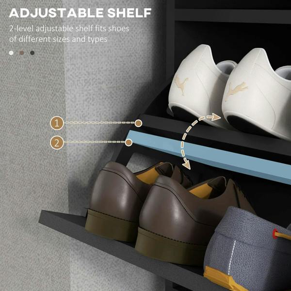 Adjustable two-level shelf inside black shoe cabinet for different shoe sizes