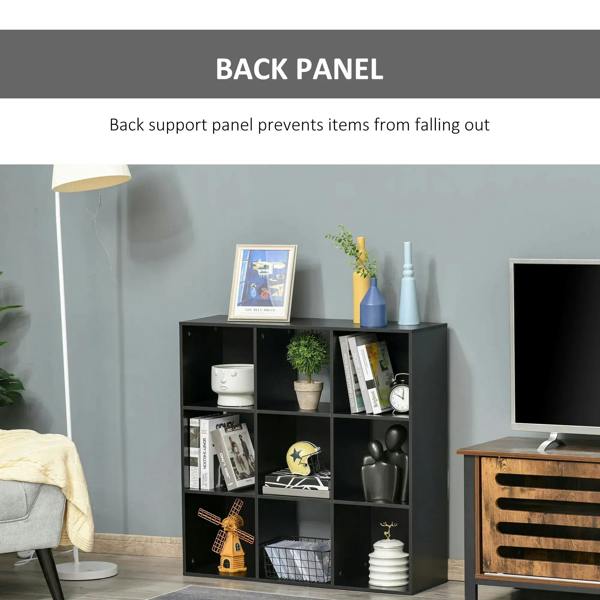 Black 9-cube storage unit with open cubbies, holding books and decorative items