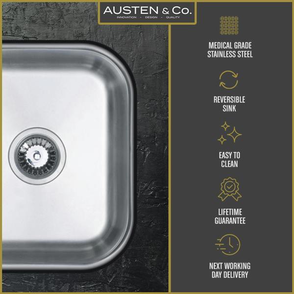 Austen & Co. Milano Stainless Steel Undermount Reversible 1.5 Bowl Kitchen Sink, Lifetime Guarantee, Easy To Clean, Fast Delivery