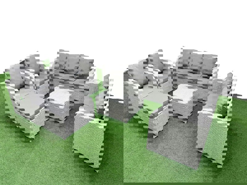 Fimous PE Rattan Garden Furniture Set Adjustable Chair Sofa Double Love Seat 2 Seater Sofa Lounge Set Square Coffee Table Big Footstool Light Grey