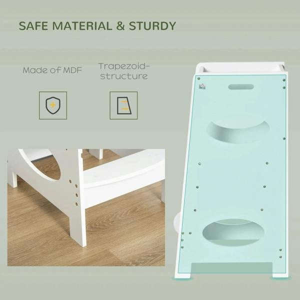 White MDF step stool tower with safety rail and oval cutout panels