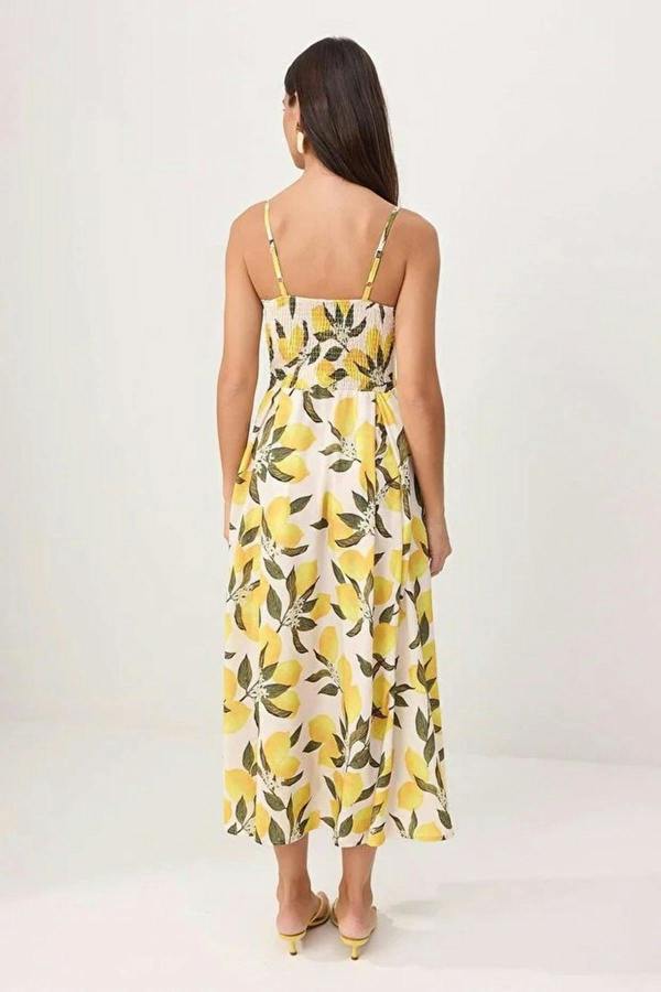 WOVCOR Lemon Pattern Midi Woven Dress