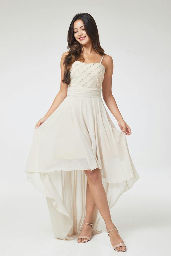 LuvForever Nude Sequin Asymmetric Long Dress