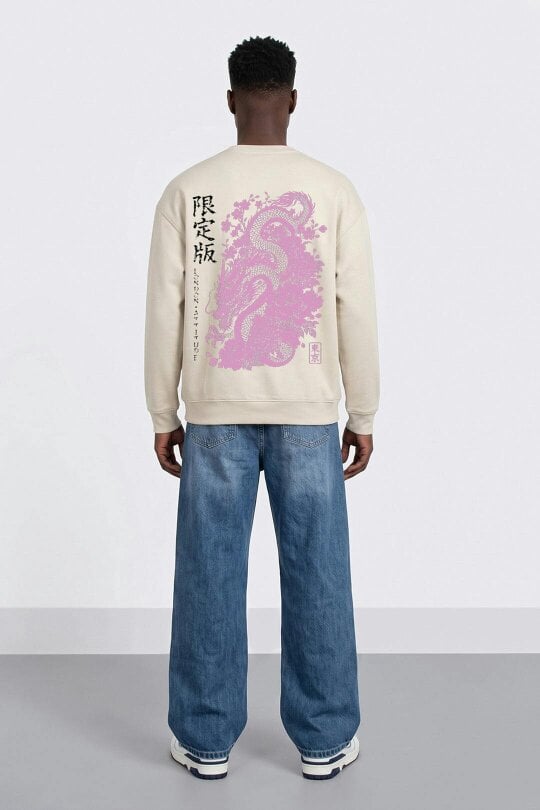 London Attitude Oversized Heavyweight Japanese Dragon & Floral Graphic Sweatshirt - Stone