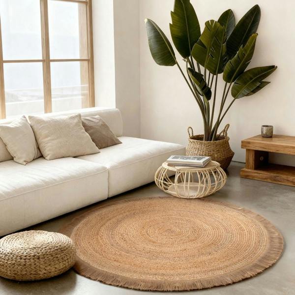 Living room with a white sofa, round woven rug, and potted plant.