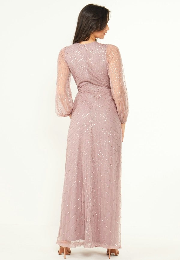 Embellished Long Mesh Sleeve Maxi Dress in Lavender - ANGELEYE