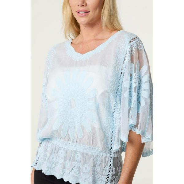 Blue Vanilla Sun Flower Lace Sleeve Blouse