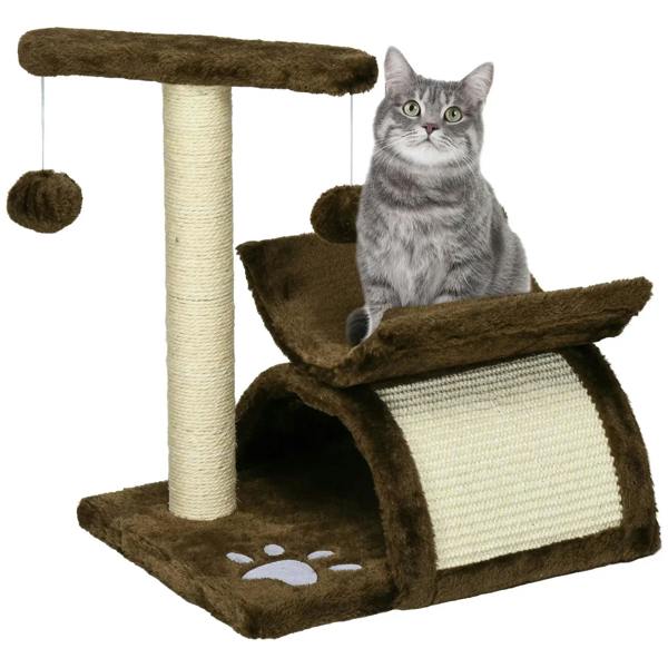 Brown cat tree with sisal scratching posts, tunnel base, and dangling ball toy