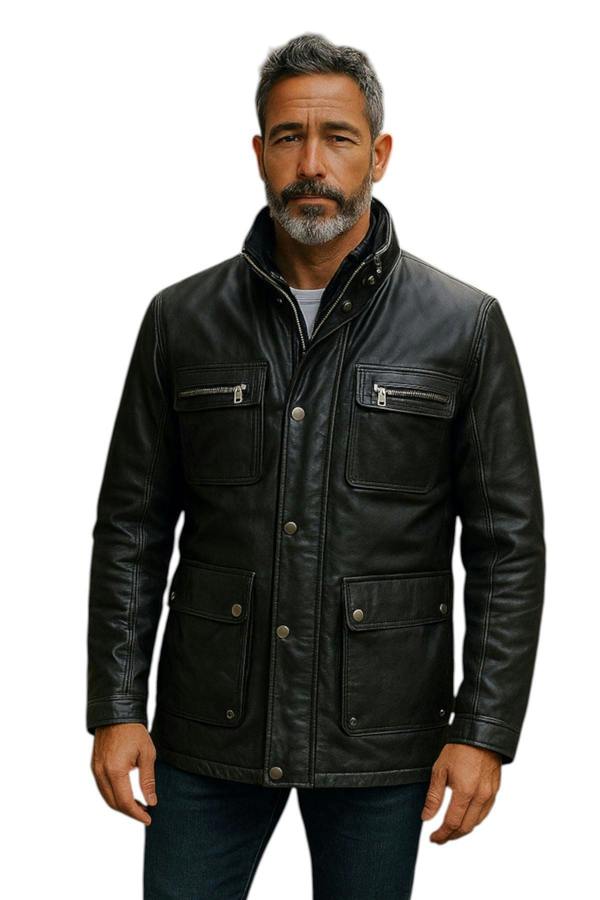 Infinity Leather Men’s Leather Military Jacket Outwear Trenchcoat - Field