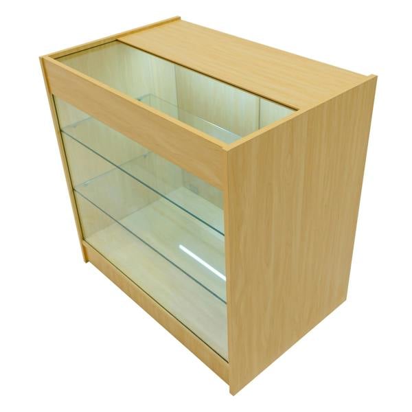 Maple LED shop counter set featuring a sleek design with glass shelves, ideal for displaying products in a modern retail space