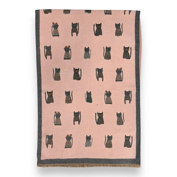 SVNX Cat Printed Scarf in Pink & Grey - Wool Blend