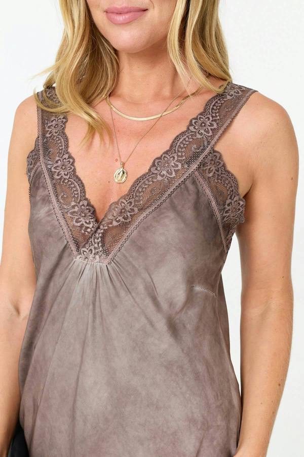 Brown | Lace Trim Satin Texture Vest Top